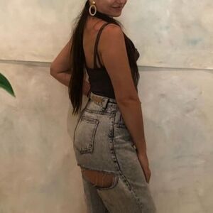 White Fox Straight Leg Denim Wash Jeans With Slit, High Waisted